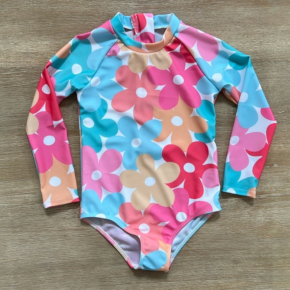 Toddler Girl Rashguard One Piece Swimsuit Flowers 4-5 5-6 7-8 years